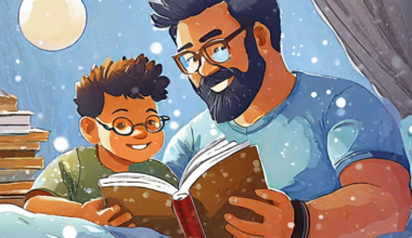 Firefly slightly chubby father with very little facial hair reading son a bedtime story in creative Dadsbanter