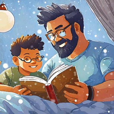 Firefly slightly chubby father with very little facial hair reading son a bedtime story in creative Dadsbanter