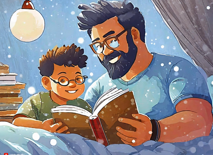 Firefly slightly chubby father with very little facial hair reading son a bedtime story in creative Dadsbanter