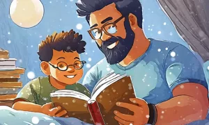 A father reading a bedtime story with his son