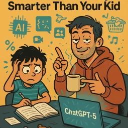 Illustration of a father helping his child understand ChatGPT-5