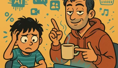Illustration of a father helping his child understand ChatGPT-5