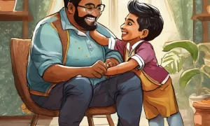 An Indian father and son sharing a joyful moment at home