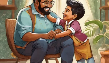 An Indian father and son sharing a joyful moment at home