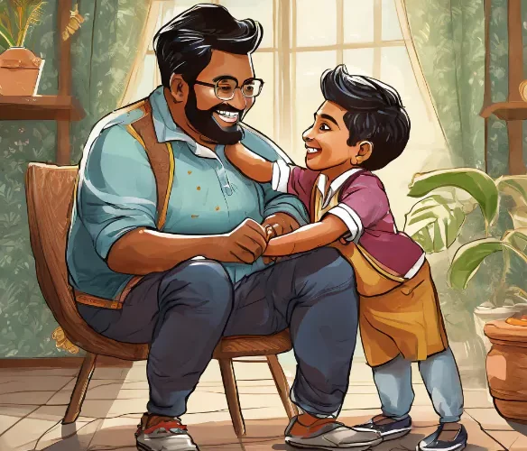 An Indian father and son sharing a joyful moment at home