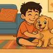 A boy hugging his new puppy at home