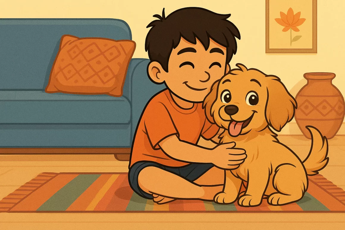 A boy hugging his new puppy at home