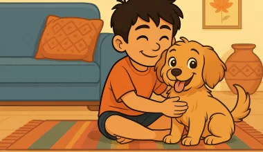 A boy hugging his new puppy at home