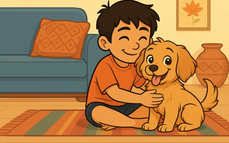 A boy hugging his new puppy at home