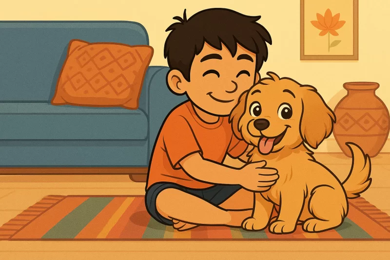 A boy hugging his new puppy at home