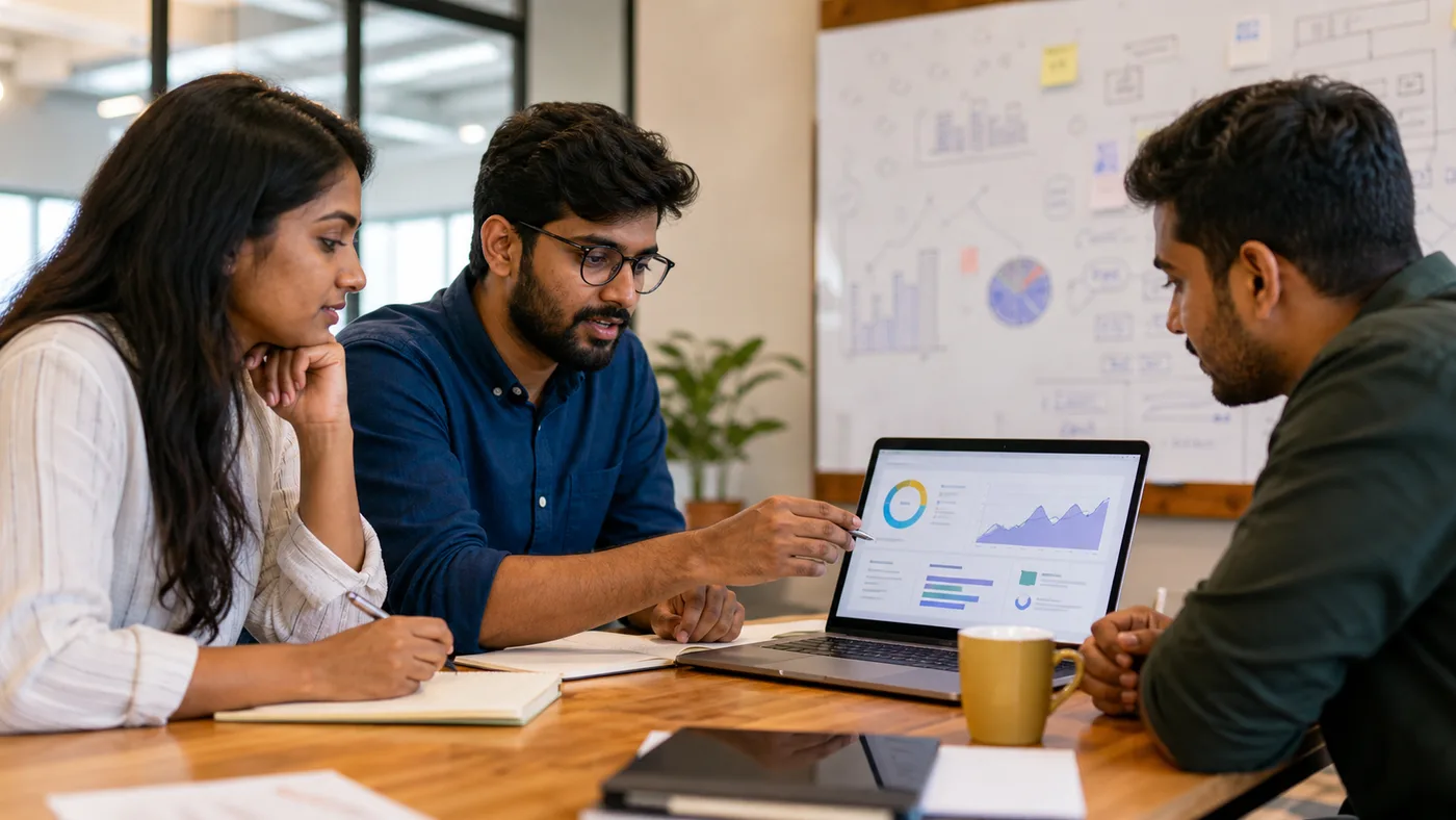 Indian marketing team reviewing an AI advertising campaign test