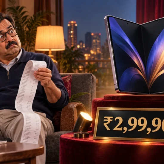 Illustration of an Indian dad shocked by a ₹2,99,900 foldable-phone price