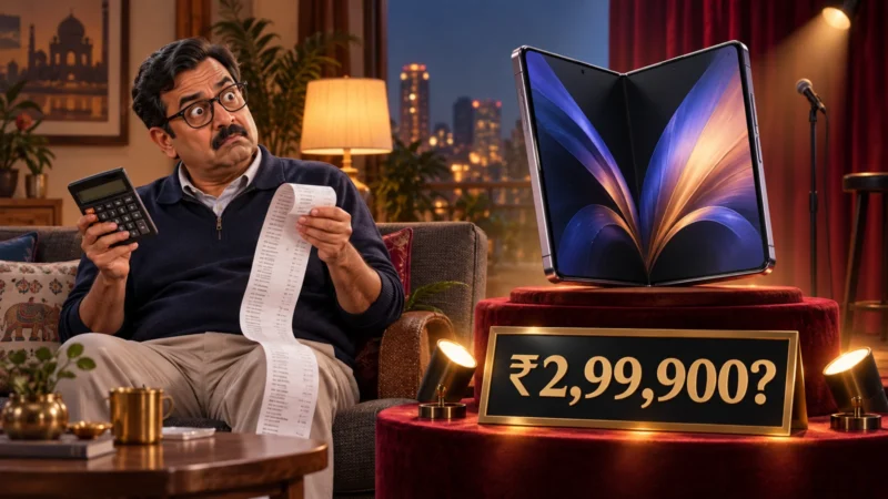 Illustration of an Indian dad shocked by a ₹2,99,900 foldable-phone price