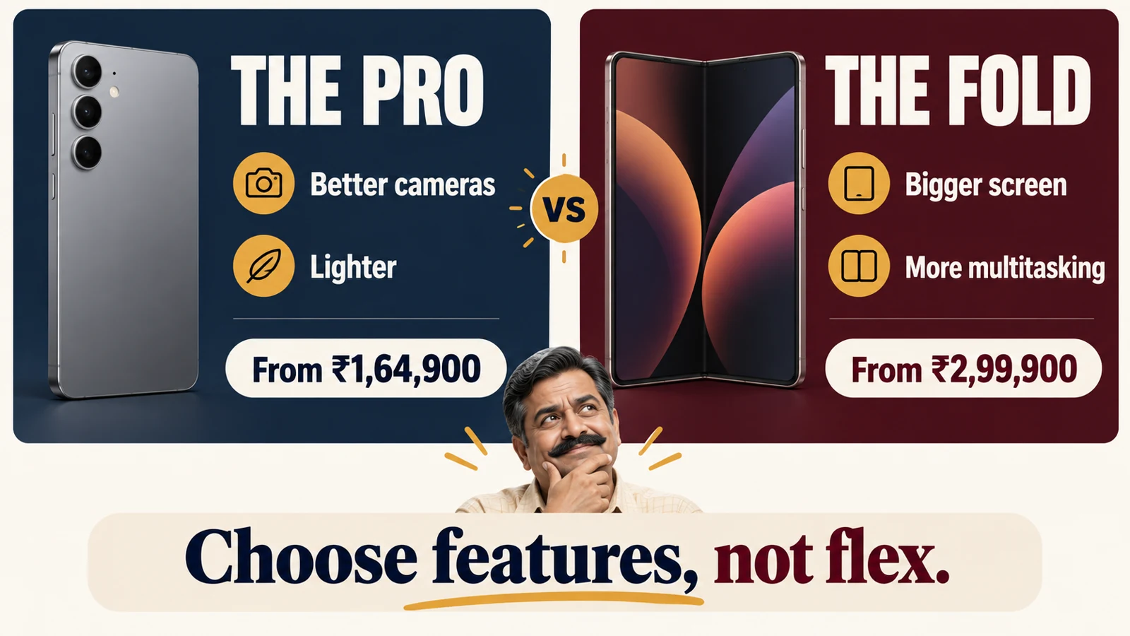 Editorial comparison of a conventional Pro phone and a foldable phone